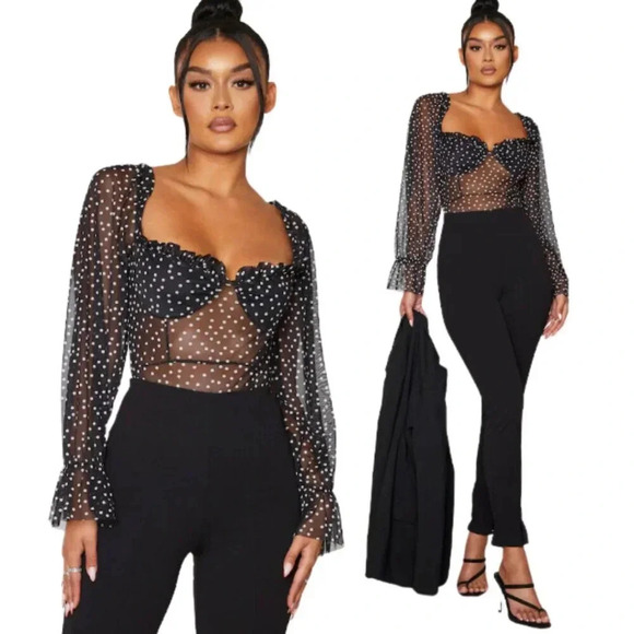 PrettyLittleThing Black Mesh Polka Dot Milkmaid Bodysuit Womens 12 Sheer Stretch - Picture 1 of 13